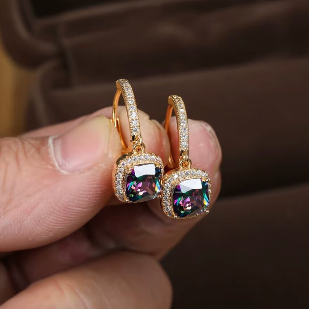 NEW 14k Gold Mystic Topaz Sapphire Diamond Hoop Earrings